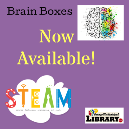the words Brain Boxes now available appear on a purple background next to an image of a brain that has math and science equations on one hemisphere and colourful splatters on the other. Below, the acronym STEAM (science, technology, engineering, art, math