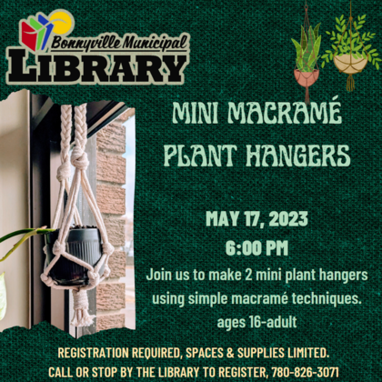 library logo and text over green background. images of cord plant hangers. text present is identical program info as on website.