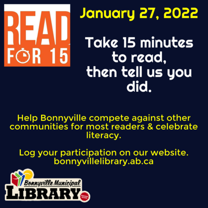 read for 15 logo and Bonnyville Library logo on dark blue background, yellow and white wording explains contest