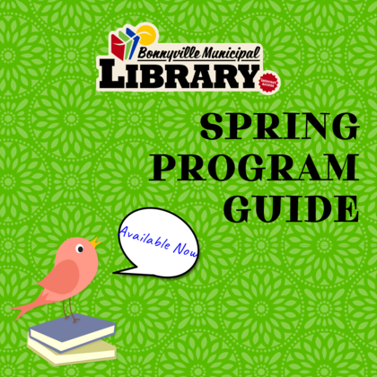 green background with floral mandala overlay, Bonnyville library logo, text reads: Spring Program Guide, cartoon bird on books says 