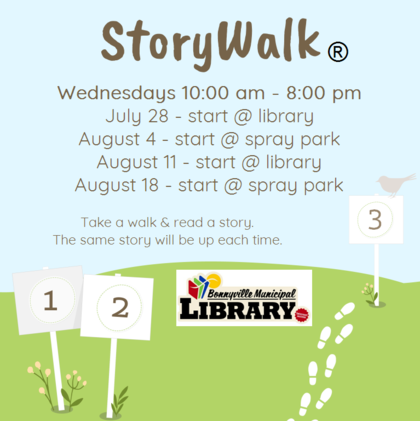 a graphic of a blue sky and green hill, with white picket style signs and foot prints are behind a set of text. Text reads: StoryWalk, Wednesdays 10:00am-8:00pm. July 28 start @ Library, August 4 start @ spray park, August 11 start @ library, August 18 st