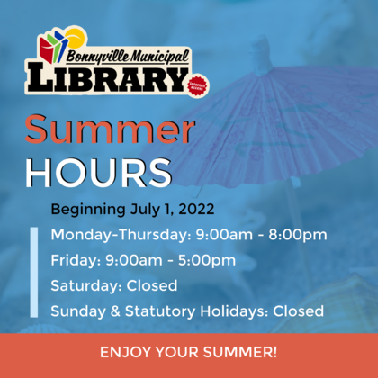 blue tinted background image of umbrella on beach, library logo above text listing summer hours